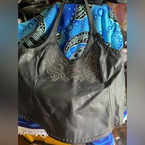 Harley Davidson Black Leather Studded Halter Top XL